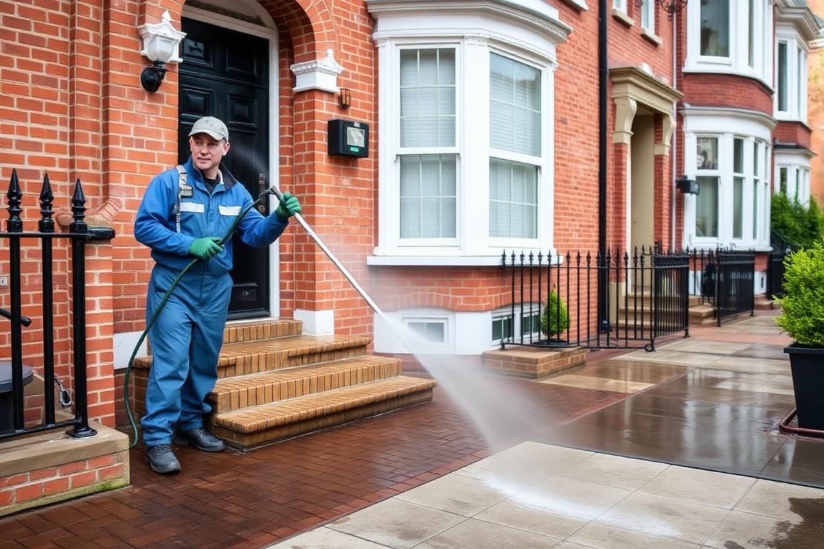 Technician pressure washing the exterior of a Hoboken home