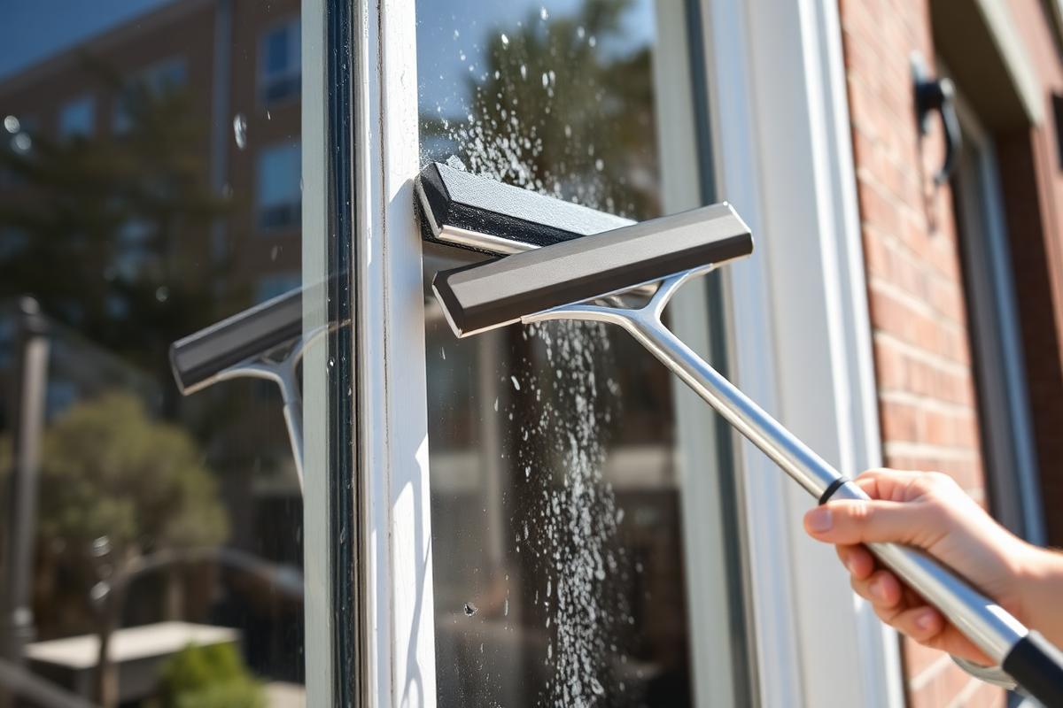 Professional cleaning the windows of a Hoboken building